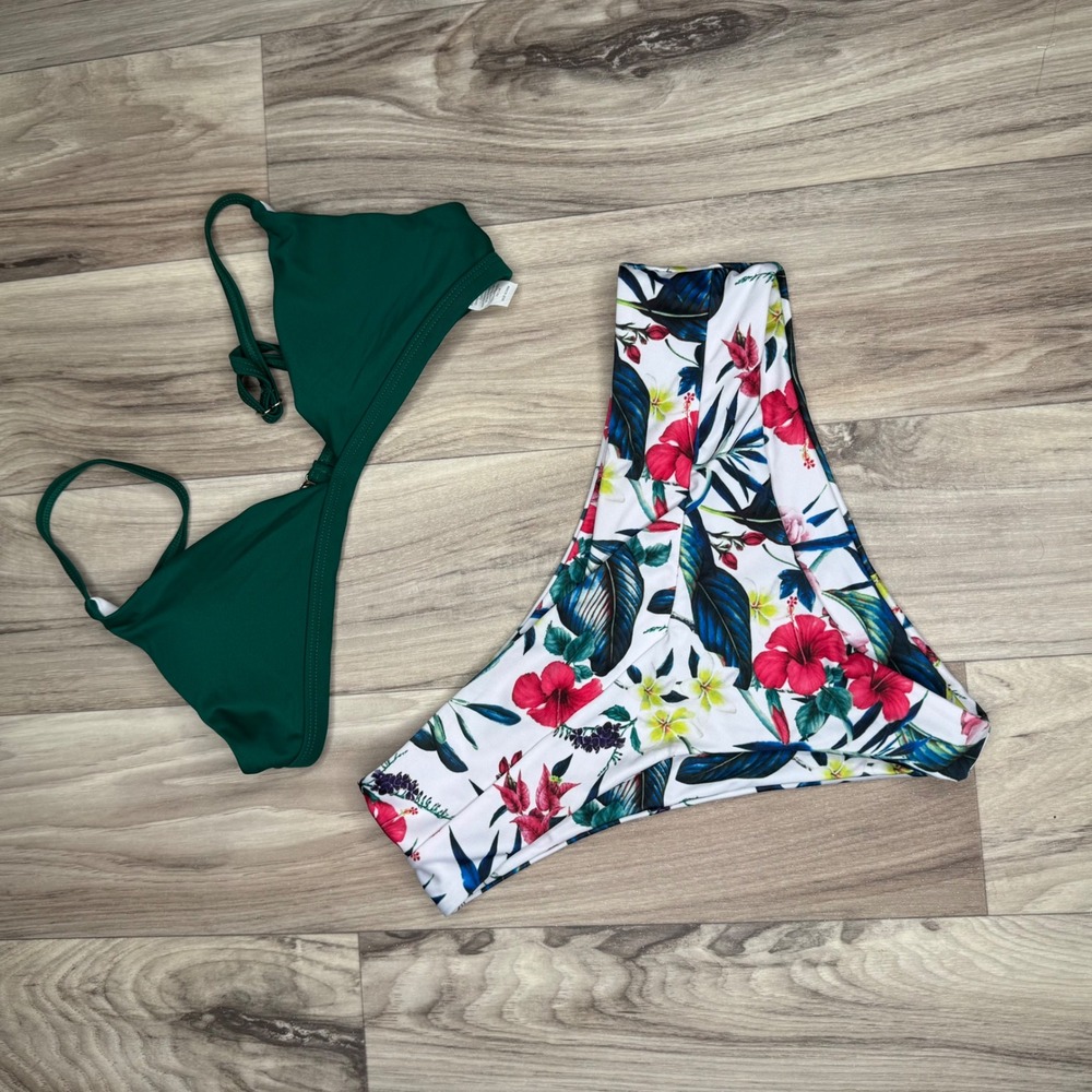 Unbranded Bikini Swimsuit Women Small‎ Green Floral High Waist Two Piece Set